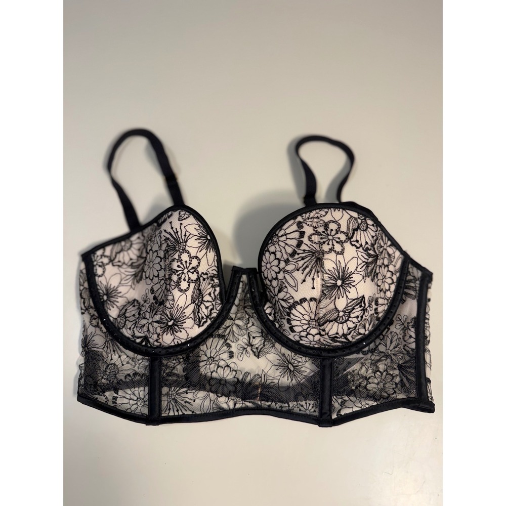 Victoria's Secret Black Floral Embroidered Balconnet Longline Bra 34D Lace Mesh